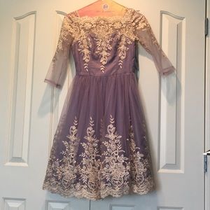 Dusty Purple Formal Dress with Mesh and Gold Lace